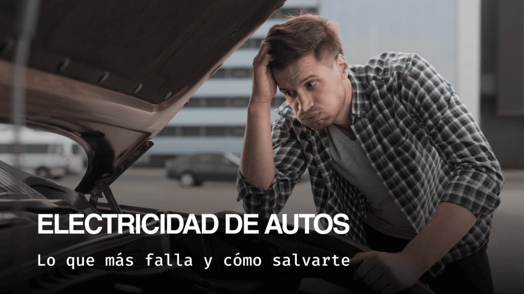Hombre preocupado revisando el motor del auto por fallas de electricidad