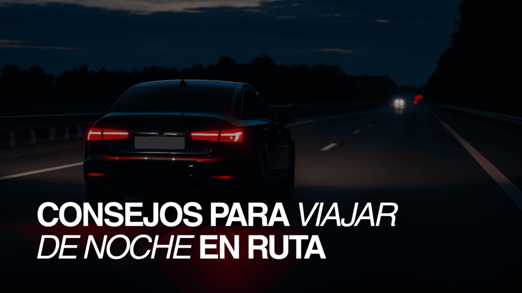 Auto circulando por ruta de noche con luces encendidas, representando los riesgos y precauciones al viajar en ruta de noche en auto.