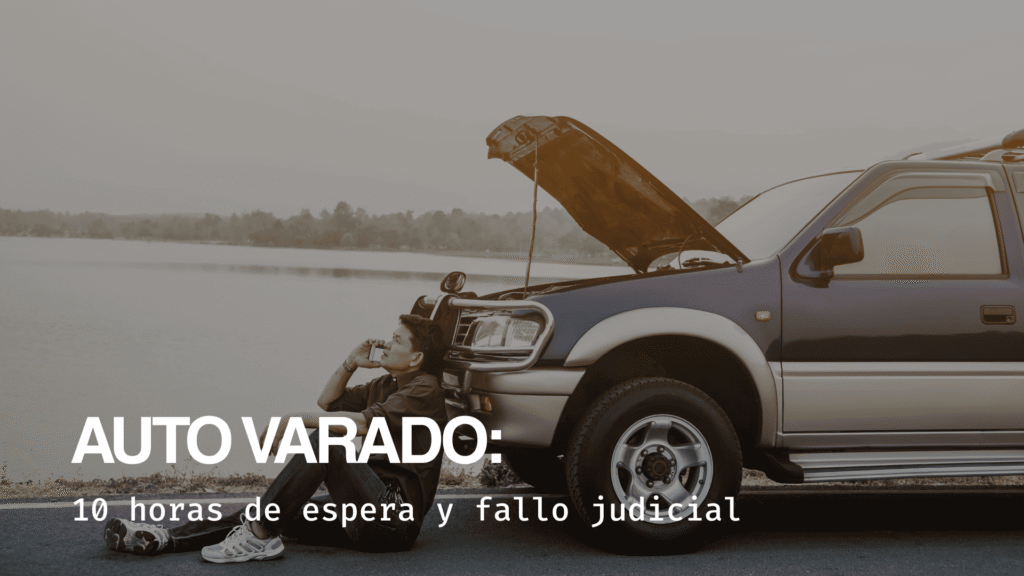 Persona esperando asistencia junto a un auto varado en la ruta con el capó abierto.